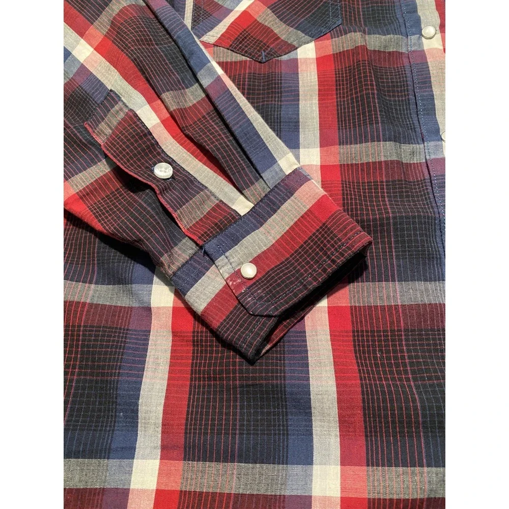 Levis Western Shirt Men M Red Blue White Plaid Snap Front Two Horse Brand Cowboy